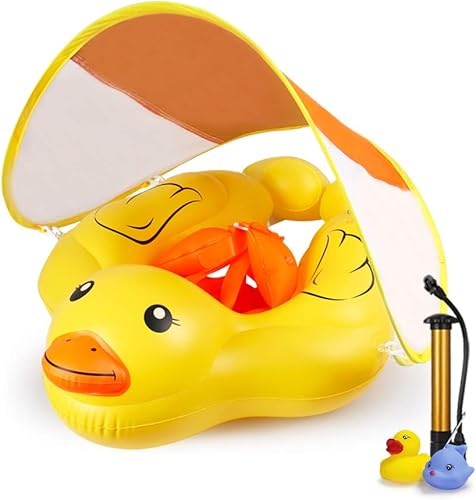 Miniatura 9 de Flotador doble para piscina para bebé con asiento de seguridad ajustable, toldo UPF 50+ extraíble solar, flotador inflable estilo animal, flotador