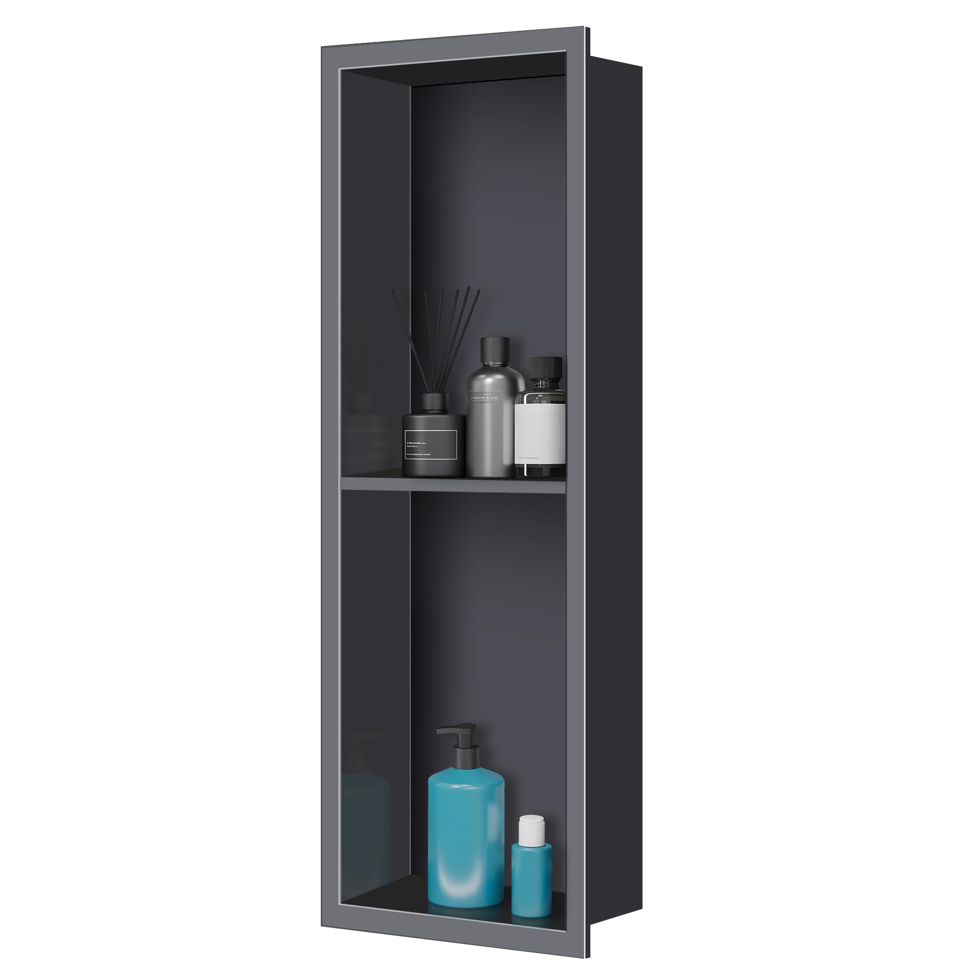 FTL Black Shower Niche with Drainage Shelf,Stainless Steel Wall Niche with Double-Layer 305 x 610 x 95 mm,Shower Niche Wall Insert,Niche for Shower Wall No Tile Needed