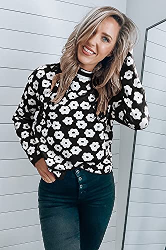 Image of PRETTYGARDEN Women's Knit Floral Print Sweater Crewneck Long Sleeve Lightweight Pullover Sweatshirt (Black,Medium)