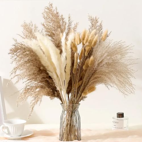 110 Pcs Natural Dried Pampas Grass Bouquet Boho Home Decor 14~17 Suitable for Wedding Home Rustic Party Baby Shower Decorations (White & Brown)