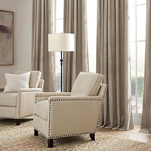 Image of RYB HOME Camel Beige Velvet Curtains with Hook Tape, Extra Wide Thermal Insulated Privacy Protect Decorative Drapes for Living Room, W 62 x L 96 inches, 2 Panels Set | Thermal Insulated, Privacy UV Heat Blocking, Back Tab, Room Divider for Space Separation, W62 x L96, Stone Blue, 2 Panels