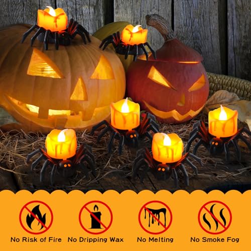 Image of 12Pcs Halloween Spider LED Tea Lights Battery Orange Spooky Home Dec | 3.4X2.8X2 in, Made of Smooth Plastic, Flameless Bright Spooky Decor For Halloween & Fun Holiday Parties