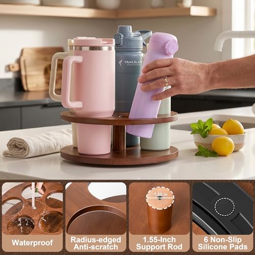 Image of MyLifeUNIT Water Bottle Organizer for Stanley Cups 40oz /30oz /20oz, 360 Rotating Wooden Tumbler Organizer, Stanley Cup Holder for Cabinet Storage (Brown)