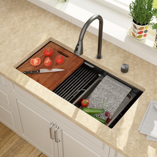 Lordear 33 Inch Waterfall Kitchen Sink Black - Undermount Kitchen Sink Workstation Stainless Steel 16 Gauge Single Bowl NANO-PVD Handmade Under Counter Smart Kitchen Sinks With Faucet