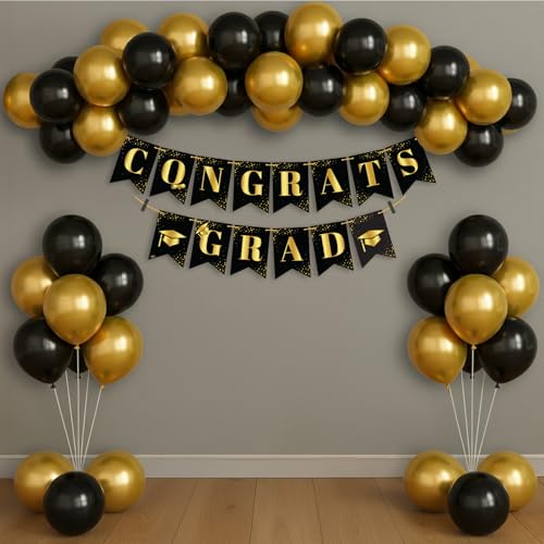 Image of Party Propz Congrats Banner - 32 Pcs Black and Golden Graduation Decoration | Decoration Items for Decorations | School Graduation Decoration's (Latex)