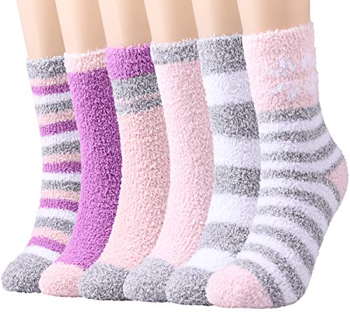 Fuzzy Cozy Socks Women Fluffy Plush Crew Slipper Sock For Girls Warm for Winter 5-6 Pairs