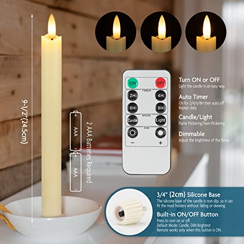 Image of Real Wax Flameless Taper Candles with Remote Timer,Battery Operated LED Candles Set with 3D Flickering Flame,9.6 inch Ivory Realistic Dripless Candlesticks for Wedding Home Decor,6 Pack