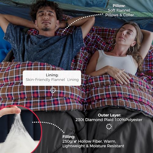 Image of KingCamp Double Sleeping Bag for Adults, Queen Size 2 Person XXL Flannel Sleeping Bag, Waterproof Lightweight Flannel Quilt with 2 Pillows, Perfect for Couples Family Camping Hiking
