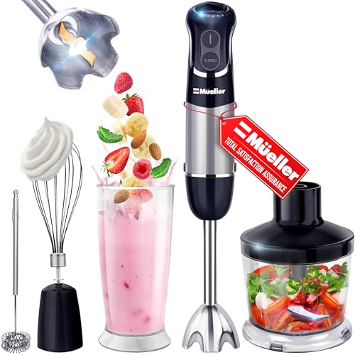 Mueller Multistick 800W 5-in-1 Immersion Blender Handheld, 12 Speed Hand Mixer - Turbo Boost, Heaviest Duty Copper Motor, Titanium Blades Hand Blender, Milk Frother Wand, Whisk, Kitchen Gadgets Black