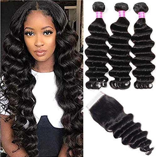 Symorain Brazilian Loose Deep Wave Bundles with Closure 10A Virgin Hair Wet and Wavy Loose Deep Curly 100% Human Hair 3 Bundles with Swiss Lace Closure Hair Extensions Natural Color (18 20 22+16)