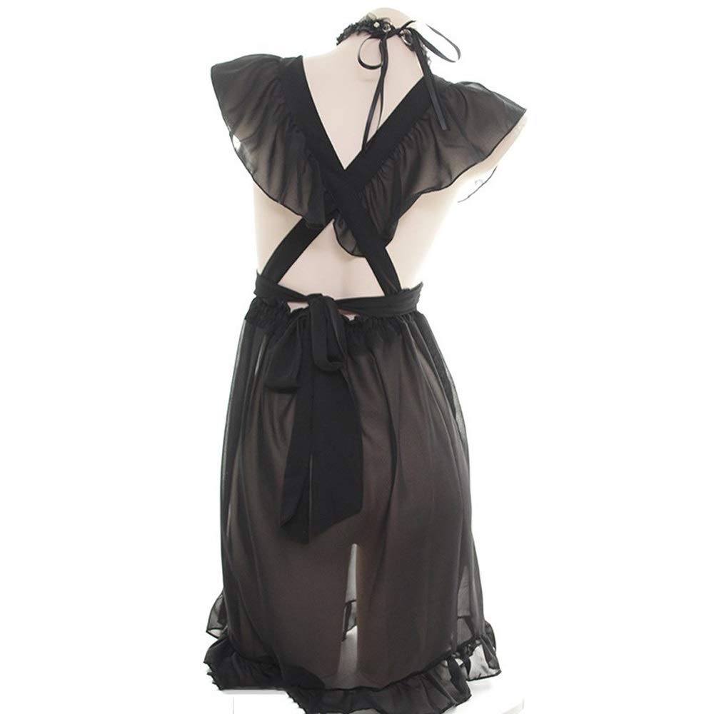 Grembiule da Cameriera Sexy Nero Bianco per Donna, Ragazza, Costume, Cosplay, Vestito da Cameriera, Camera da Letto, Grembiule da casa in Pizzo Traslucido (Bianco)