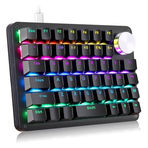 Koolertron One Handed Mechanical Gaming Keyboard, 45-Key Fully Programmable Mini Keypad, Mini USB Macro Keyboard with Rotating Knob, RGB Backlit Red Switches, for Windows PC Gamers Cover
