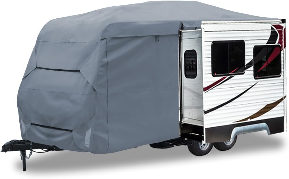 GEARFLAG Travel Trailer Cover fits 33-36FT RV with Dual Slide-Out Zippered Opening Reinforced Windproof Straps Water Resistant Reflective Safety Strips Heavy Duty Fabric Ideal for Snow Dust Condition Fits 33' - 36'