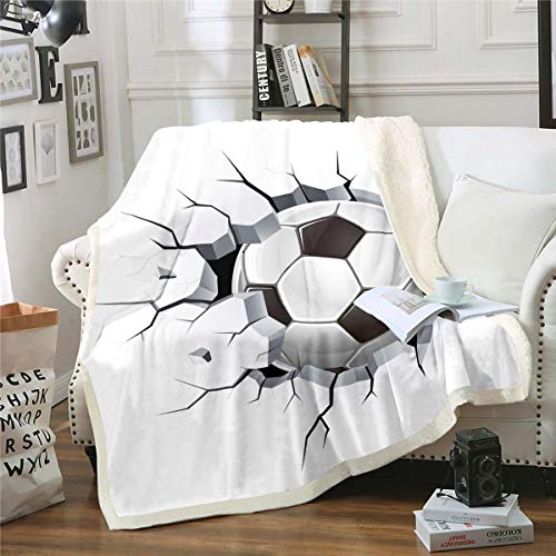 Feelyou Boys Football Fleece Blanket Sports Theme Sherpa Blanket for Sofa Couch Black White Soccer Ball Plush Throw Blanket Competitive Games Fuzzy Blanket Room Decor Queen 90"x90"