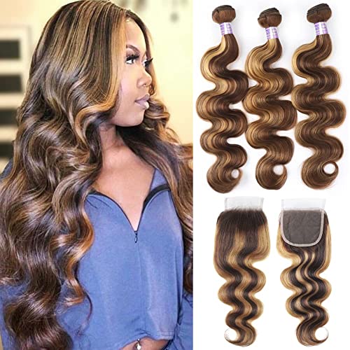 Allove Ombre Highlight Body Wave Bundles with Closure Human Hair Bundles with Closure 20 22 24+18inch, 3 Bundles with 4x4 Lace Closure Free Part 100% Virgin Brazilian Human Hair Weave Color 4/27