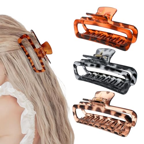 3 Pack Hair Claw Clips 5.1 Inch Large Square Rectangle Jaw Clips Plastic Hollow Strong Hold XL Claw Clip for Thick Curly Long Hair Women Glossy Black Amber Red Yellow