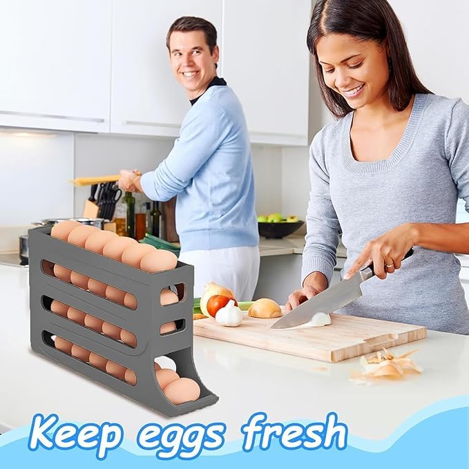 Image of 30 -Egg Holder Organiser With Automatic Rolling Dispenser For Refrigerator| Kitchen| Hotel, With Multi-layer Storage Rack. (Gray)