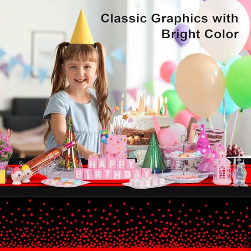 Image of 6 Pack Black and Red Tablecloth Party Decorations Plastic Black Tablecloth Printed Red Table Runner 54 x108 Inch Disposable Rectangle Table Cover for Birthday Wedding Graduation