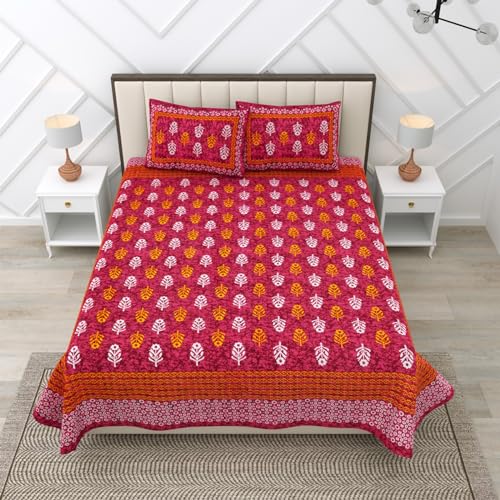 Image of RajasthaniKart Pure 100% Cotton Double Bed Sheet with 2 Pillow Covers (Bedsheet for Double Bed Cotton, Red Small Booty Jaipuri, King Size,5302)