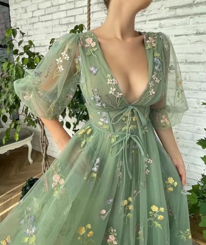 UZN Puffy Sleeves Prom Dresses Tulle Flower Embroidery Tea Length Formal Gowns V Neck Evening Party Dress3