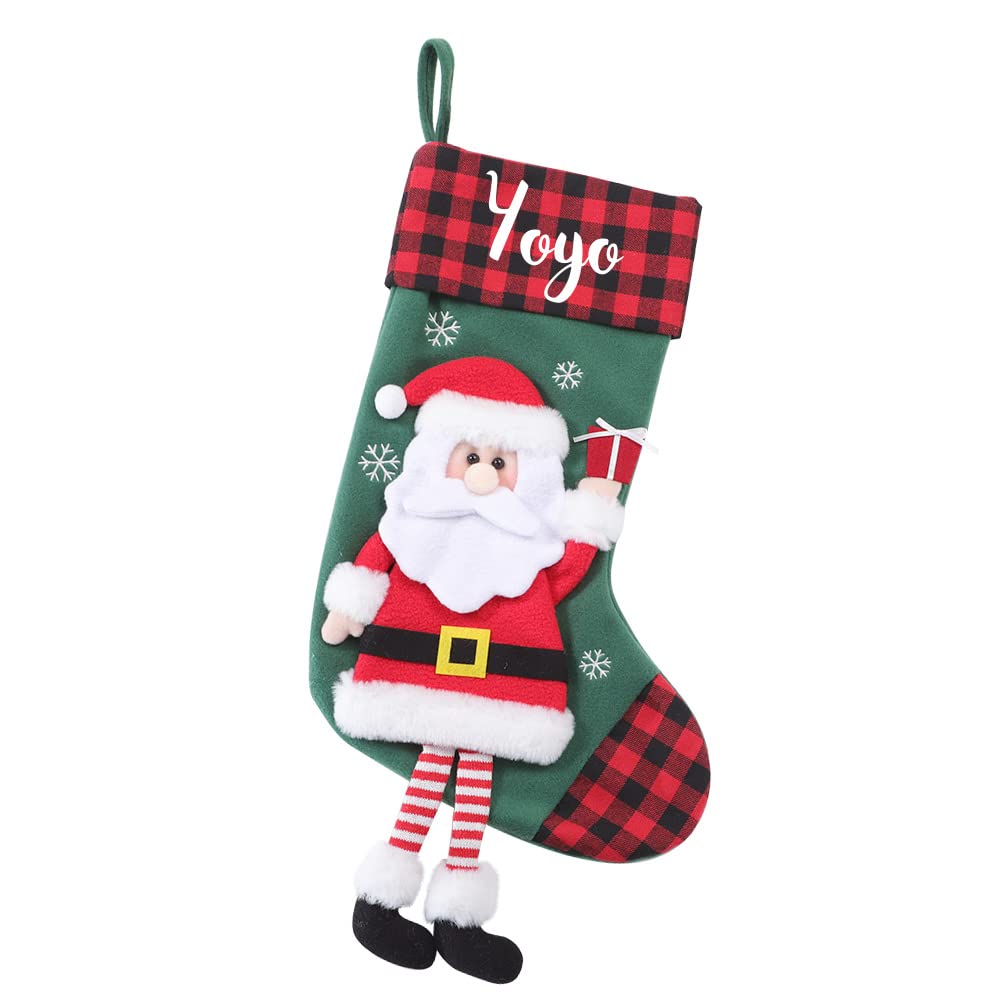 Yopicks Personalized Name Christmas Stockings, 18” Large Cute Santa/Deer/Snowmen Design Buffalo Plaid Thick Custom Christmas Stockings for Family Kids Dogs Christmas Fireplace Decorations Gifts(1 pcs)