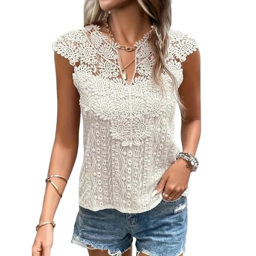 Pullover sans manches col en V patchwork dentelle premium - 2