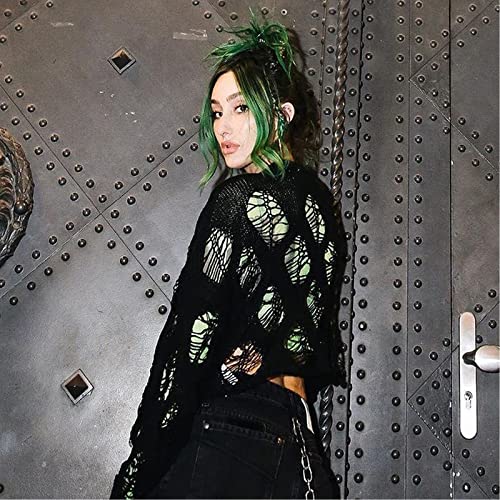 Women Y2K Hollow Out Top Crochet Knit Long Sleeve Navel See Through Loose Fit Pullover Jumper Top Knitwear3