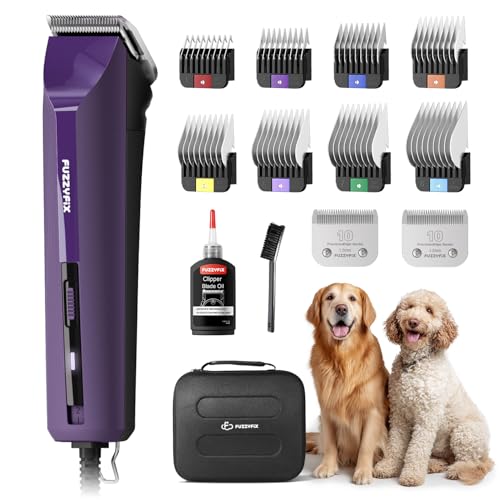 FuzzyFix AmpFix Professional Dog Grooming Clippers - 2 Detachable Blade 8 Metal Combs, 2-Speed Heavy-Duty Motor, 10ft Cord, Anti-Slip Shatter-Proof Housing for Pet All Coats