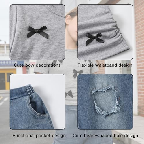 Image of Size 7-14 Years Girls 2 Piece Outfits Bow Short-Sleeved Top and Jeans Pants Clothing Set