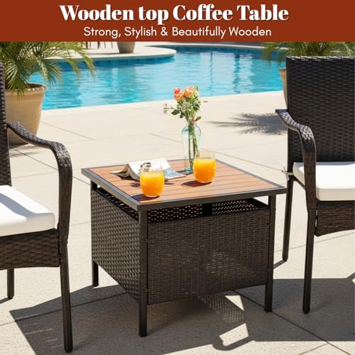 Image of DEVOKO Outdoor Wicker 3-Piece Patio Bistro Furniture Set with Wooden Top Coffee Table All Weather Rust Proof Metal Frame for Balcony, Garden,Terrace(Dark Brown & Cream)