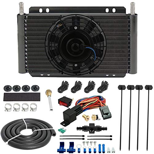 11' Engine Transmission Oil Cooler 6' Inch Electric Cooling Fan & 6AN In-line Hose Thermostat Switch Wiring Kit (170'F O