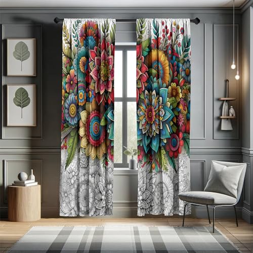 Ambesonne Modern Window Curtains, Jumble Colors Illustration of Oriental Floral Motif with Greenery Leaves, Lightweight Decorative 2-Panel Set & Rod Pocket, Pair of - 28