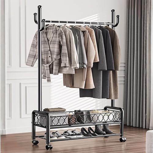 BYJSJY Perchero De Pie Con Ganchos, Burro Ropa Con Ruedas, Metálico, Con Soporte Para Zapatos, Organizador, Para Entrada Pasillo, (Negro)(Black,80cm(31.5in))