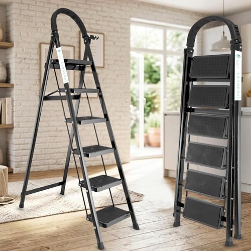 Image of Norman Jr Black 6 Step Ladder for Home Use with Built-in Tool Tray | Heavy Duty D Shape Rods | Ultra Large Platform | Wide Rubber Feet | 150Kg Capacity Foldable Ladder - 7 Years Warranty