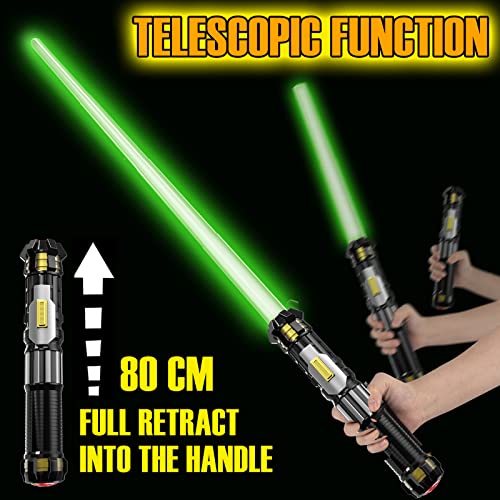 4 pack light up sword saber with fx sound on-off control and full retractable handle 4 colors led glow in the dark toy for kids adult