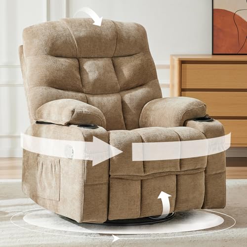 Image of Manual 360Swivel Rocker Recliner Chair,Single Recliner Seat with Cup Holders,Recliner Chairs for Adults, Upholstered Fabric Lazy Boy Recliner for Bedroom,Living Room,Brown