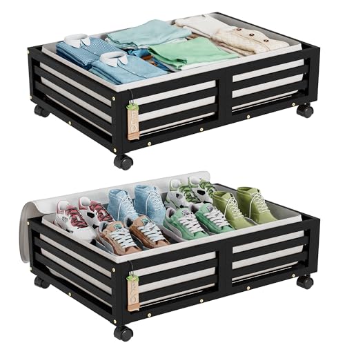 Wisuce Bamboo Under Bed Storage Containers- Underbed Organizer with Wheels with Dust Bag,Sturdy Wood...