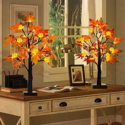 [ 2 Pack & Timer ] Turnmeon 24 Inch Lighted Maple Tree Fall Decor, Total 48 Led Battery Operated Tabletop Artificial Tree Design Patent Pumpkin & Acorn Thanksgiving Halloween Decoration Home Indoor #TOP5