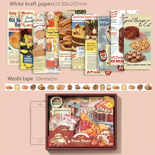 Image of The AutoStory Recipe Book Scrapbook Kit A6 Junk Journal Notebook Yummy Meal Stickers Cooking Decorative Papers Washi Tape DIY Craft Art Creative Cookbook Writing Gift (Food Diary, Red)