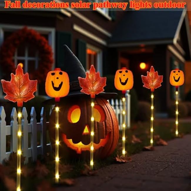 6 Pack Fall Decor Solar Maple Leaf Pumpkin Lights for Thanksgiving Decorations Outdoor,Waterproof Solar Thanksgiving Fall Leaves Pumpkin Garden Stake Lights for Outside Pathway Harvest Decor