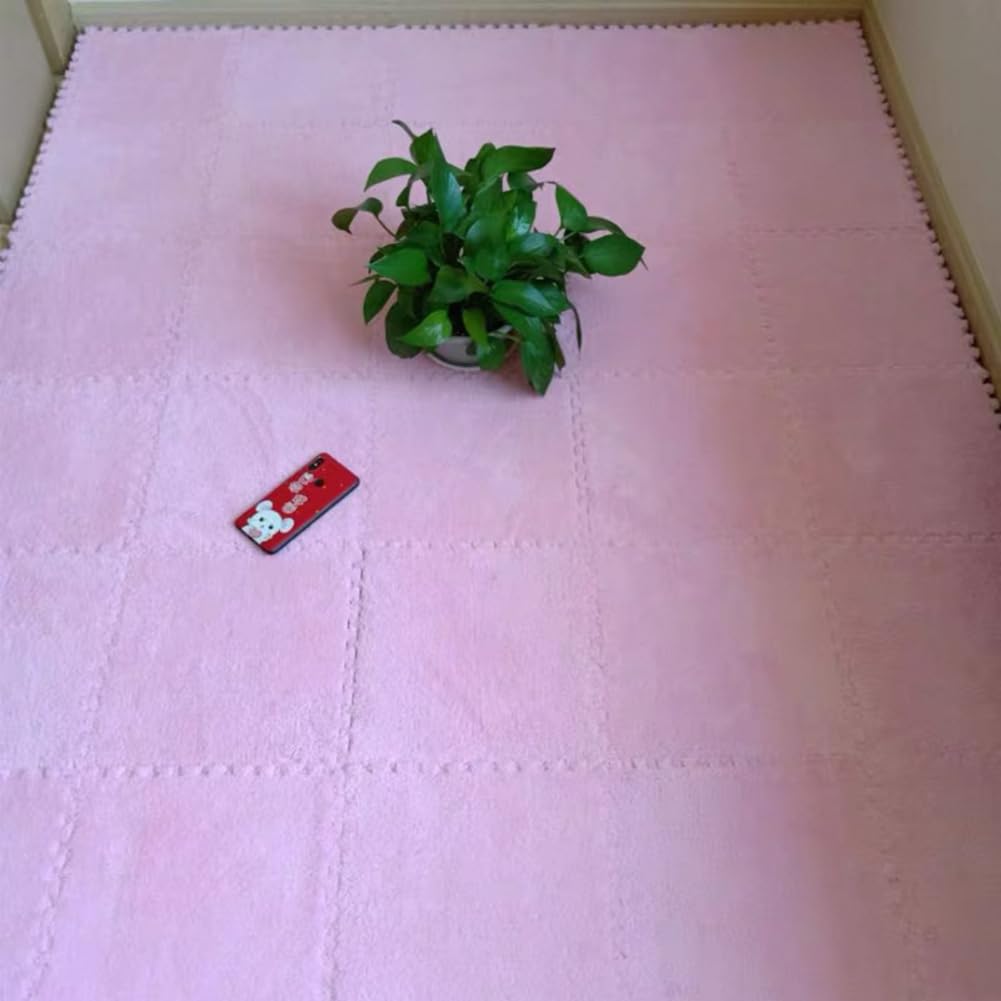 10 Tiles Interlocking Puzzle Play Mat 30x30x1cm EVA Foam Floor Mats,Fluffy Area Rug for Living Room Bedroom,Non-Slip Protective Floor Carpet (Pink)