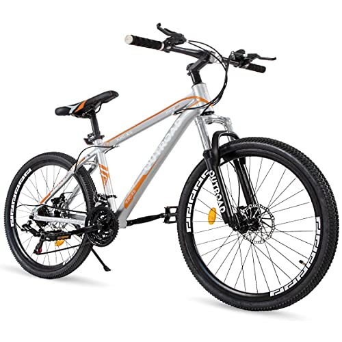 Omelaza 26 Inch Mountain Bike with Dual Disc Brakes, 21 Speed Gear Shift, Alloy Rim, 100mm QR Fork Suspension for Men and Women, Sliver