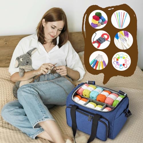 Image of Knitting Bag, Large Capacity Yarn Storage Organizer Tote Bag with Compartments and Pockets for Knitting Needles, Crochet Hooks, Knitting Project and Accessories, Bag Only, Navy Blue