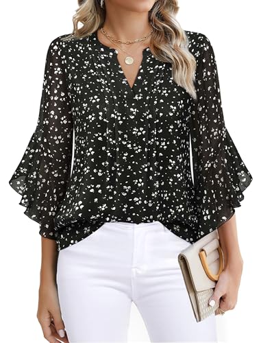 Image of Timeson Women's Short Sleeve V Neck Blouses Shirts Floral Double Layers Mesh Tunics Tops