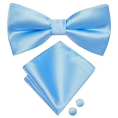 Image of Hi-Tie Sky Blue Bow Ties for Men Pocket Square and Lapel Pin Sets Cufflinks Mens Bowtie Sets for Wedding Formal Party
