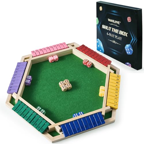 Vamslove Shut The Box Game for 6 Player with 12+4 Dice - Colorful 6 Sided Wooden Board Math Number Games for Kids Adults Families Party Club...