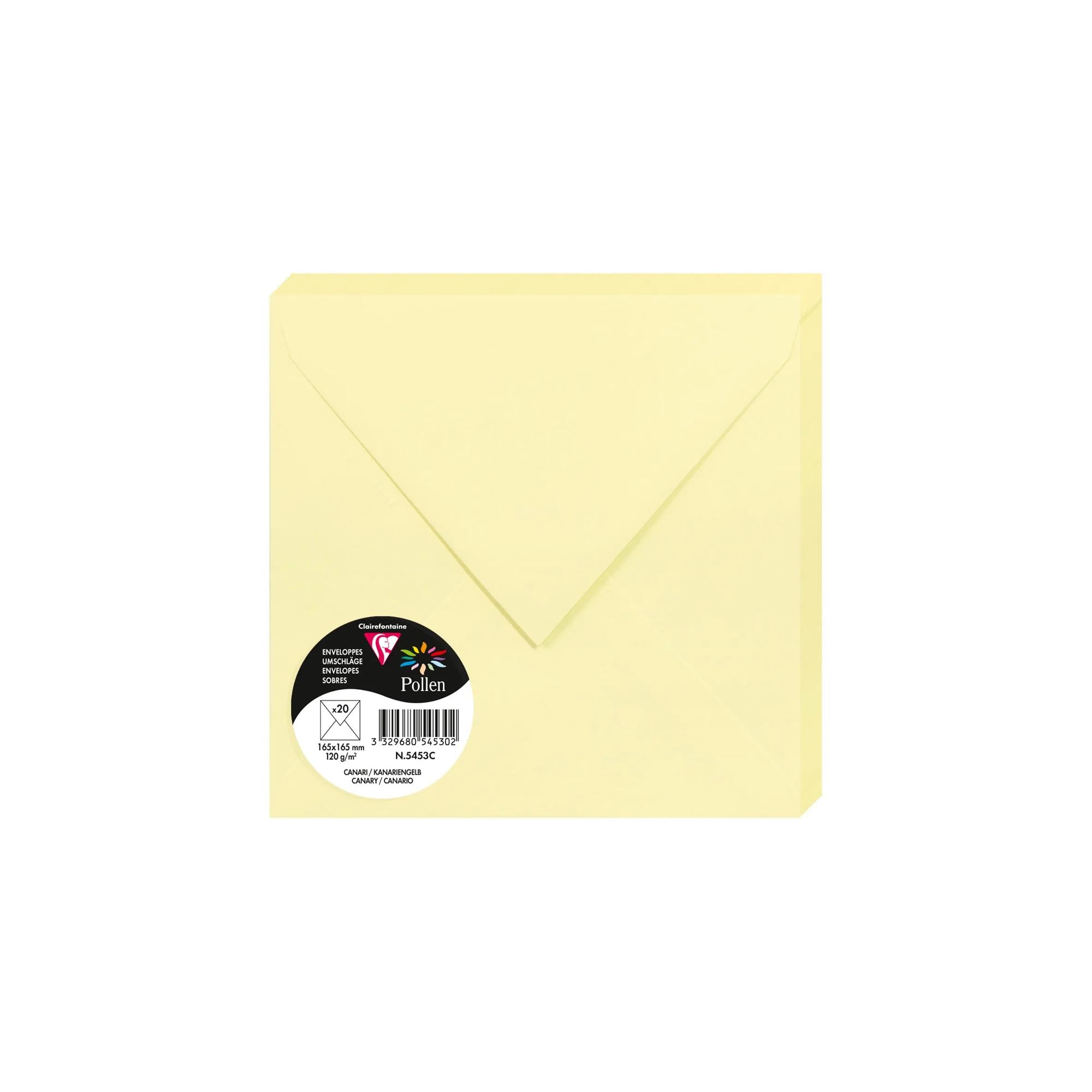 Clairefontaine 5453C Pack of 20 Gummed Envelopes Square Format 16.5x16.5cm 120g/m² Canary Colour Invitation Events Correspondence Pollen Range Premium Paper