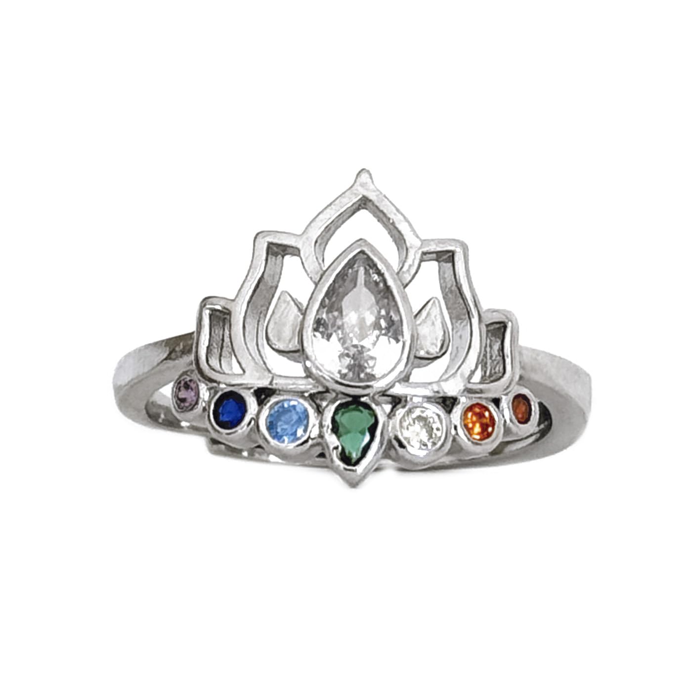 SIMBOLIKS Anillo Flor de Loto con 7 Chakras, Cristales Curativos y Energía Positiva, Incrustaciones de Circonita, Joyería Mística para Mujeres, Anillo de Yoga y Meditación