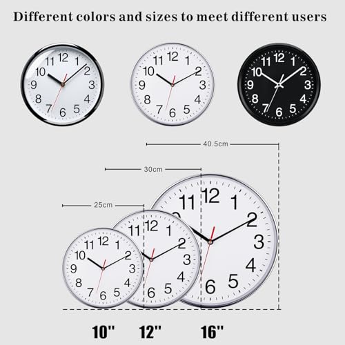 Miniatura 7 de Plumeet 25cm Reloj De Cuarzo De Pared Silencioso, Decorativo Para El Hogar La Cocina La Oficina La Escuela, Fácil Leer Y Con Pilas Cromo