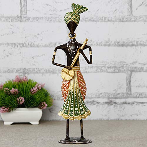 Image of eCraftIndia Tribal Iron Men's Playing Musical Instrument Dholak Decorative Showpiece, Green, Orange and Black, one Size (IRLADY513)